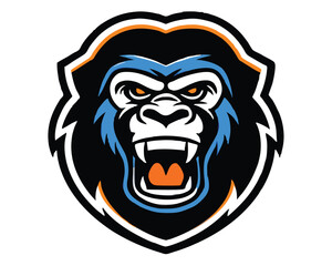Obraz premium A stylized logo with in blue, white, red, and orange. The orange color is used for the stylized Gorilla head. The Gorilla head has its eyes closed and its mouth open. The background is black.