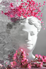 Ancient statue women with-pink flowers behind glass. Suitable for various design projects beauty, mental helth, fashion