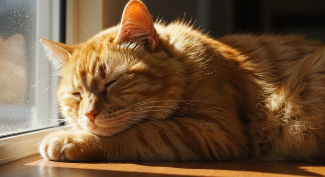 A fluffy ginger cat enjoys a peaceful nap under the warm sunlight, its fur glowing in the golden rays. The scene exudes tranquility and relaxation, perfect for cat lovers