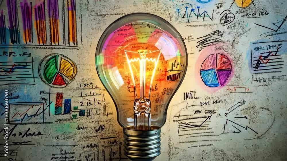 Poster a vibrant light bulb illuminates colorful graphs and business schematics on a textured background, s