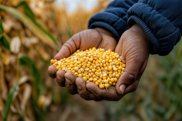 Dark-skinned adult holding yellow corn kernels in cupped hands in a cornfield, a bountiful harvest.