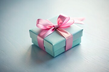 Obraz premium Pastel Blue Gift Box with Pink Ribbon: Minimalist Present - Tilt-Shift Photo