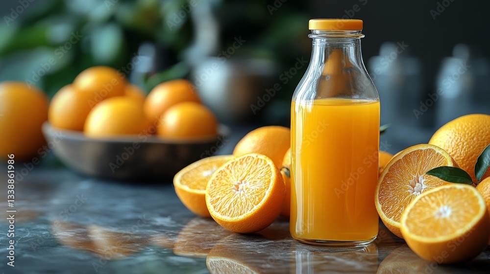 Poster a glass bottle filled with freshly squeezed orange juice sits on a marble table beside sliced orange