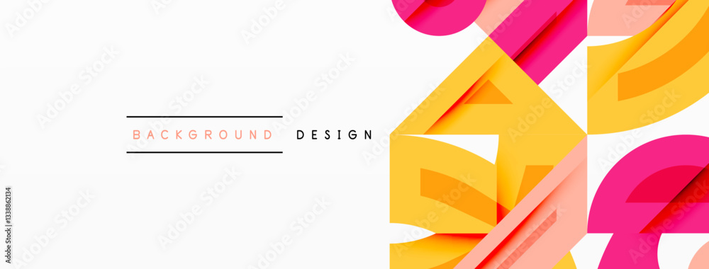 Poster Abstract geometric background with shapes, featuring circular and rounded elements. Bold contrast, smooth gradients, dynamic composition, futuristic style