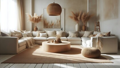 A warm and inviting living room with a bohemian aesthetic, featuring a large sectional sofa, woven textures, and natural elements.