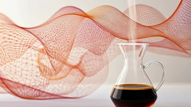 Artistic Pour: A sophisticated glass carafe fills with a rich, dark liquid against an abstract, flowing background. The image captures the essence of elegance and refinement