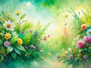 Obraz premium Panoramic Watercolor Botanical Abstract Art: Lush Greenery & Floral Textures
