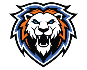 Obraz premium A stylized logo with in blue, white, red, and orange. The orange color is used for the stylized Lion head. The Lion head has its eyes closed and its mouth open. The background is black.