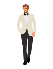 Obraz premium Businessman character in formal or black tie outfit. Groom wearing tuxedo. Handsome male character vector realistic illustration isolated on white background.