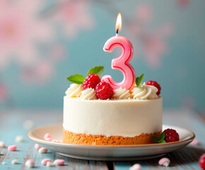 3 Year. Birthday Anniversary Sweet Cake. an anniversary greeting card or banner. Greeting Card, Banner with Burning Birthday Party Candle, Number, Flame. Design for Birthday Concept.