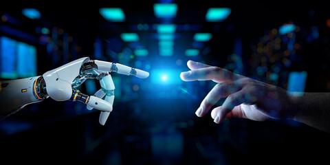 Robot hand making contact with a man on dark tech background with a blue halo at center. Generative ai cyborg hand