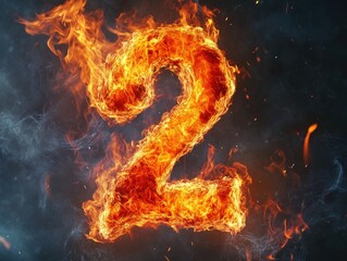 The number "2" is made of fire, with flames and smoke swirling around it.