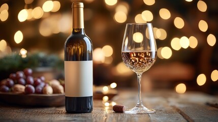 A bottle of white wine sits next to a filled glass on a rustic wooden table. Festive snacks, including grapes and pastries, complement the warm bokeh lights creating a joyful celebration.