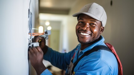 Building: Construction, Electrician Smiles doing his job, repairs, Safety of the Environment wearing helmets	