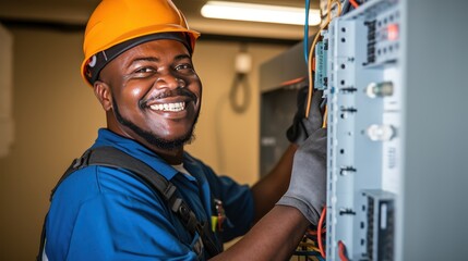 Building: Construction, Electrician Smiles doing his job, repairs, Safety of the Environment wearing helmets	