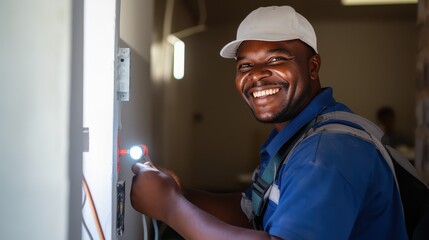 Building: Construction, Electrician Smiles doing his job, repairs, Safety of the Environment wearing helmets	