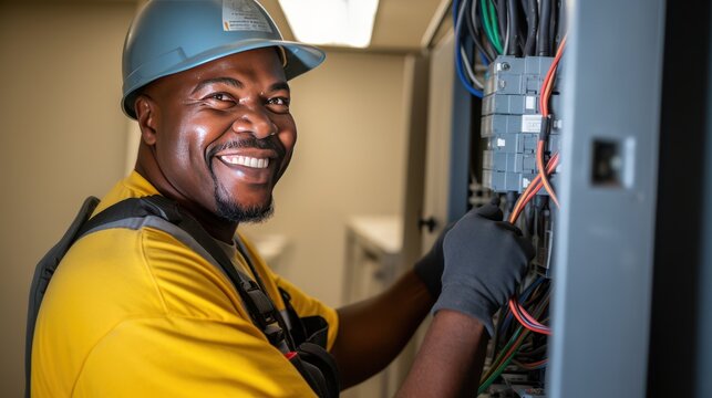 Building: Construction, Electrician Smiles doing his job, repairs, Safety of the Environment wearing helmets	