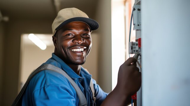 Building: Construction, Electrician Smiles doing his job, repairs, Safety of the Environment wearing helmets	