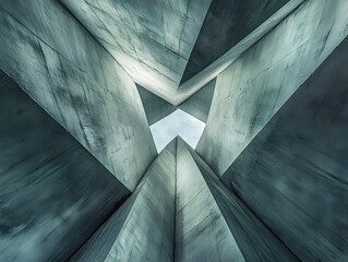 Architectural Geometry: An artistic low-angle shot unveils a stunning interplay of geometric forms, creating an abstract and visually captivating architectural design with a skylight to the sky.