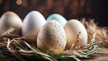 Golden and beige Easter eggs in a basket. 