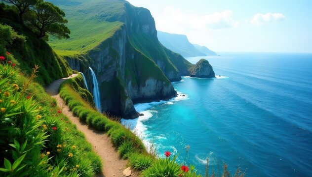 Steep coastal trail, cascading waterfalls, vibrant greenery , vegetation, Kauai