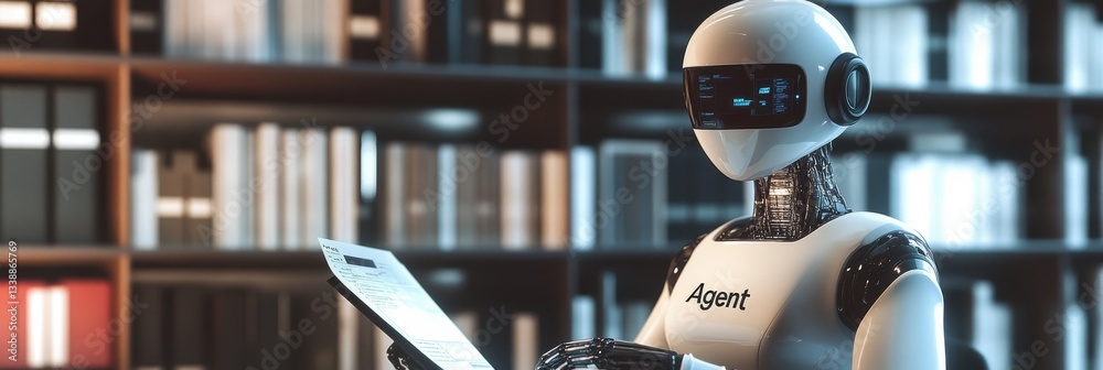 Fototapete a robot is sitting in front of a bookshelf and reading a piece of paper