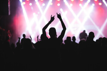 Crowd at concert and blurred stage lights.