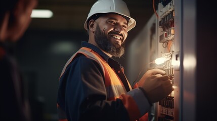 Building: Construction, Electrician Smiles doing his job, repairs, Safety of the Environment wearing helmets	