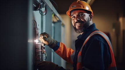 Building: Construction, Electrician Smiles doing his job, repairs, Safety of the Environment wearing helmets	