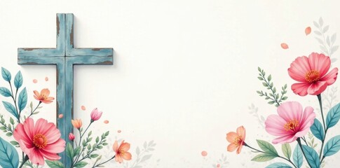 Subtle watercolor floral cross design, ample space for service details, memorial, template, empty space
