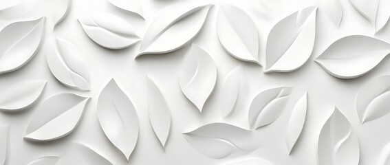 Abstract white background with 3D leaf-shaped petals, minimalistic design ideal for modern interiors, presentations, or decorative patterns, high-resolution texture.