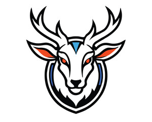 Fototapeta premium A stylized logo with in blue, white, red, and orange. The orange color is used for the stylized Elk head. The Elk head has its eyes closed and its mouth open. The background is black.