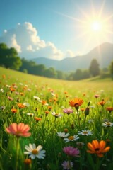 Obraz premium Sun-drenched meadow, wildflowers dance in breeze, sunlit meadow, floral