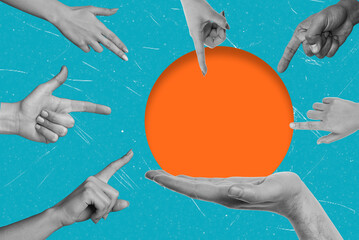 Modern art art collage showing multiple hands pointing palms.