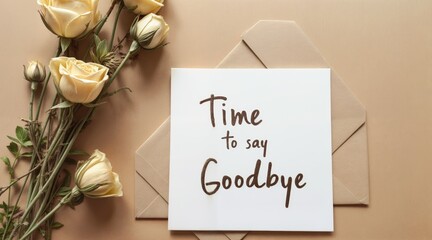 Dried roses in beige with farewell note Time to say Goodbye on white paper and craft envelopes, light brown cardboard background, warm neutral tones, soft natural lighting, minimalistic and sentimenta