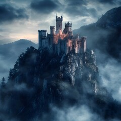 A majestic medieval castle perched atop a misty mountain peak dramatically reveals its ancient stone architecture and imposing towers under a brooding twilight sky.