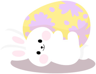 Cute rabbit bunny graphic design elements in pastel color for easter day with many pose like inside egg, hugs the egg, hold the egg, hold balloon, or pull basket of eggs elements