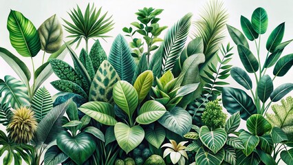 Obraz premium Panoramic Modern Plant Print Collage Design, Botanical Wall Art, Nature Decor, Green Leaves, Floral Pattern