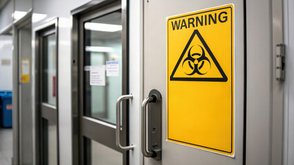 Virus outbreak and containment concept. Close up of biohazard warning sign on laboratory door, indicating caution and safety.