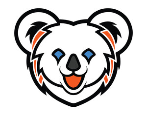 Fototapeta premium A stylized logo with in blue, white, red, and orange. The orange color is used for the stylized Koala head. The Koala head has its eyes closed and its mouth open. The background is black.