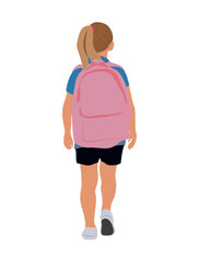 School boy going to elementary, primary school vector illustration isolated on white background. Happy pupil walking with backpack rear view. Back to school concept.