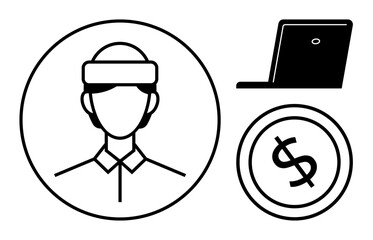 Headshot outline inside a circle, laptop device, and dollar coin. Ideal for digital economy, online jobs, e-commerce, remote work, freelancing financial tech entrepreneurship. Flat simple metaphor