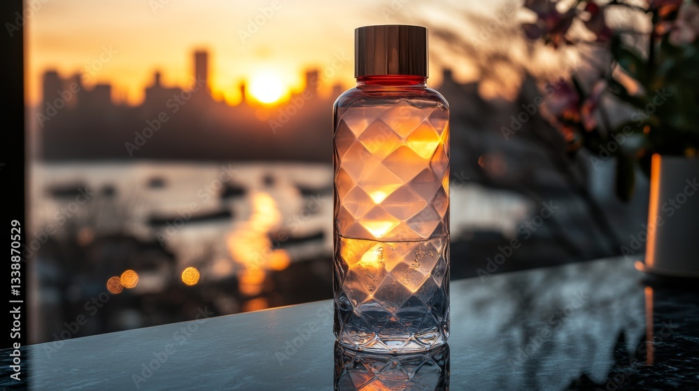 Poster a clear glass bottle filled with water sits on a dark surface while the sun sets behind the skyline,