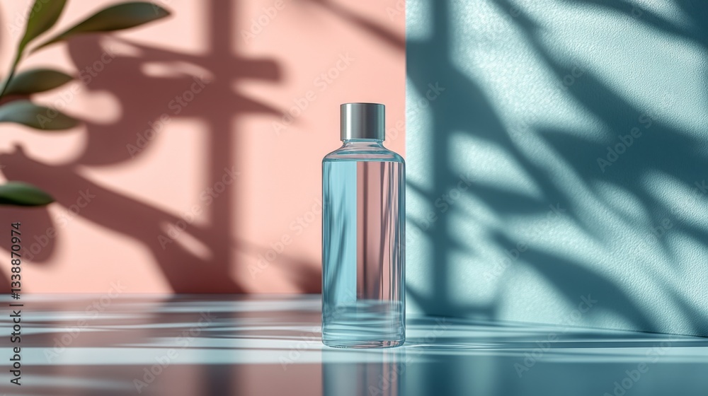 Poster a transparent glass bottle stands on a flat surface, reflecting soft pastel colors and shadows. natu