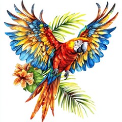 Obraz premium Watercolor parrot flying happily amidst tropical leaves and flowers.