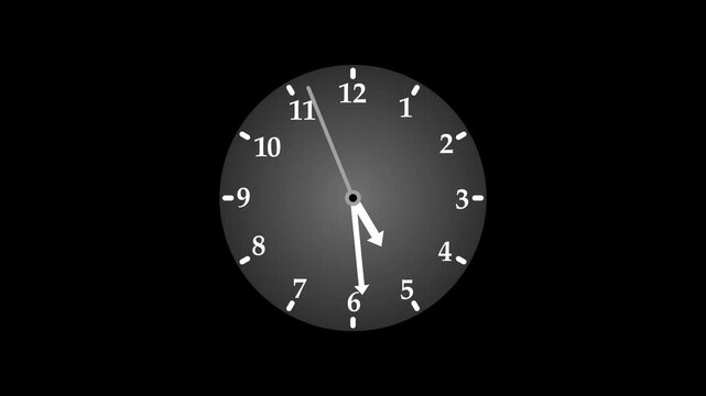 Minimalist analog clock animation, A simple clock face with white hour and minute hands on a black background