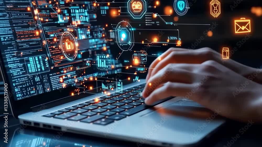 Poster A close-up of hands typing on a laptop amidst a vibrant digital interface displaying various business-related icons and data analytics, symbolizing the fusion of technology and business.