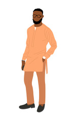 Fototapeta premium African man character standing in traditional formal outfit. Stylish handsome black guy wearing wedding orange male attire. Hand drawn vector cartoon illustration isolated on white background.