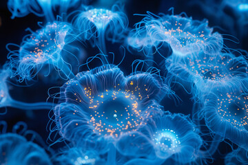 Obraz premium Glowing Blue Underwater Fantasy Flora with Ethereal Light. Generative AI
