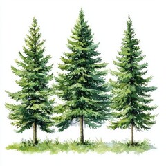 Fototapeta premium Three fir trees stand tall, painted in realistic boho style, adding charm.